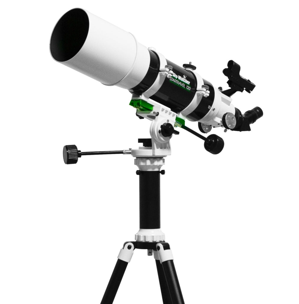 Sky-Watcher StarTravel 120 refractor telescope with finder, diagonal eyepiece and white manual mount