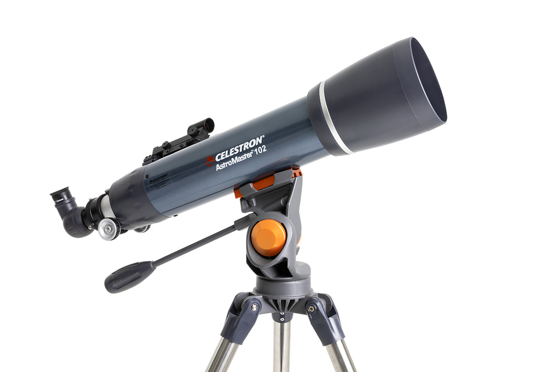 Celestron AstroMaster 102AZ Telescope close up of OTA and mount facing right