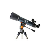 Celestron AstroMaster 102AZ Telescope close up of OTA and mount facing left