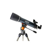 Celestron AstroMaster 102AZ Telescope close up of OTA and mount facing left