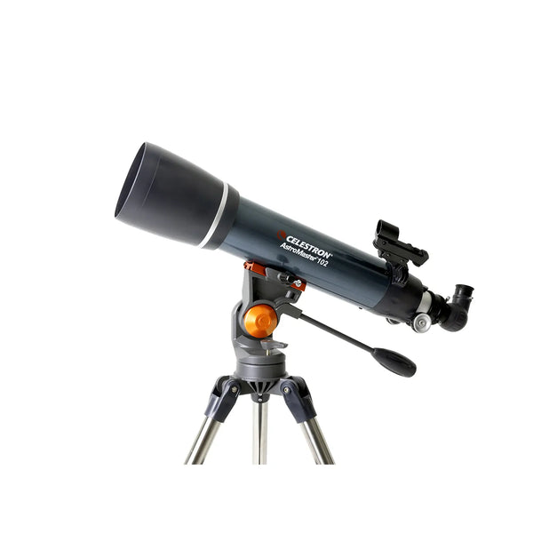 Celestron AstroMaster 102AZ Telescope close up of OTA and mount facing left
