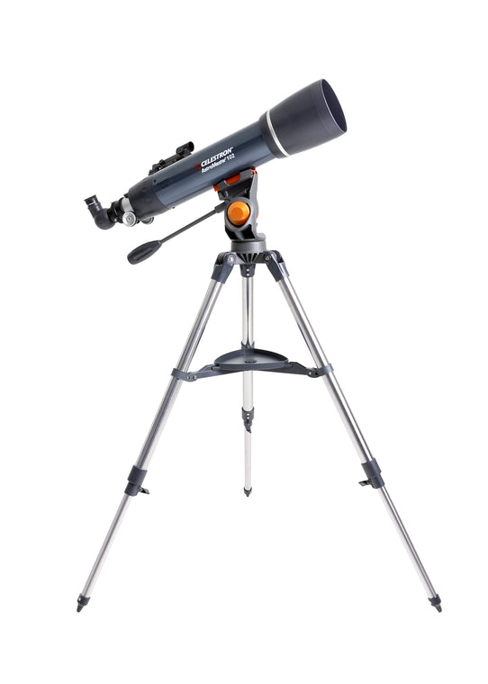 Celestron AstroMaster 102AZ Telescope with tripod at full height facing right