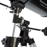 Celestron PowerSeeker 1149EQ Reflector Telescope close up with equatorial mount in detail.