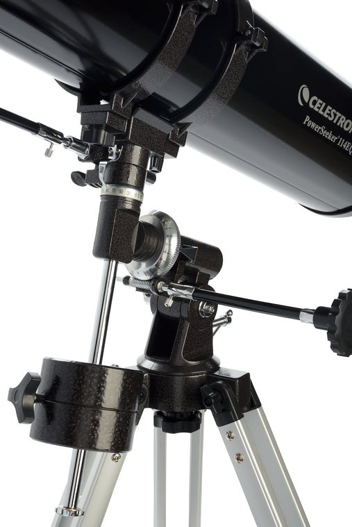 Celestron PowerSeeker 1149EQ Reflector Telescope close up with equatorial mount in detail.