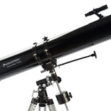 Celestron PowerSeeker 1149EQ Reflector Telescope close up showing the tube, finderscope and  equatorial mount 