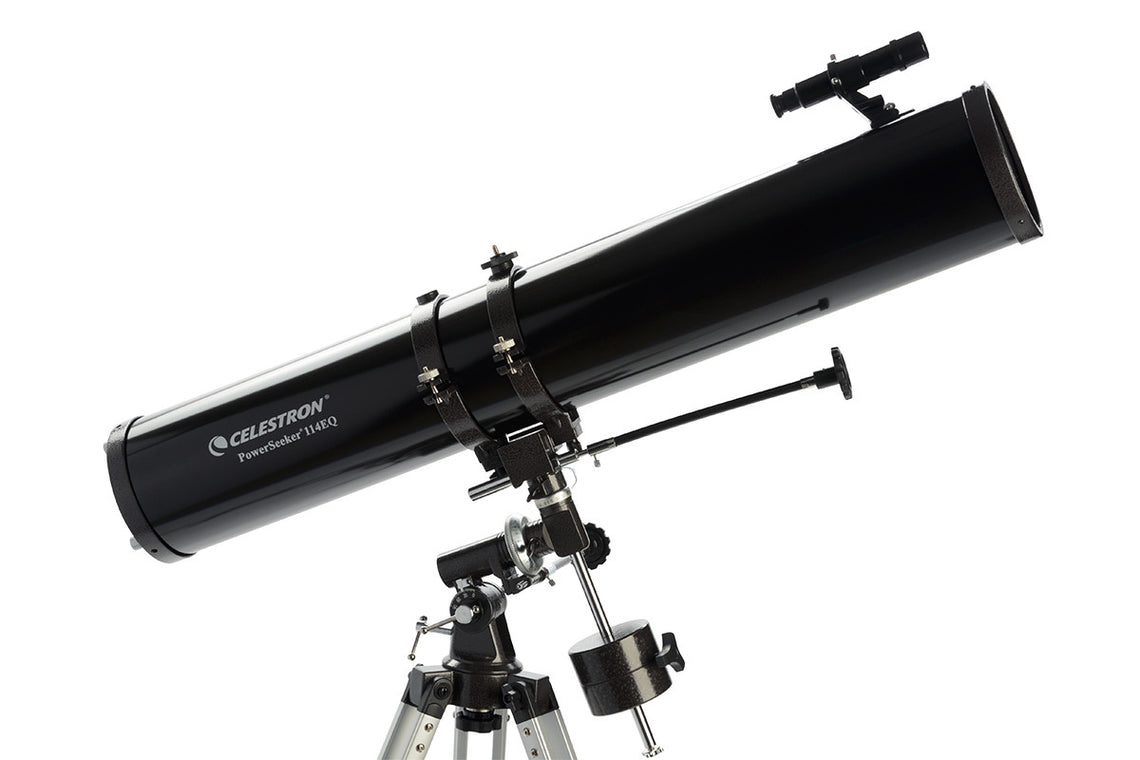 Celestron PowerSeeker 1149EQ Reflector Telescope close up showing the tube, finderscope and  equatorial mount 