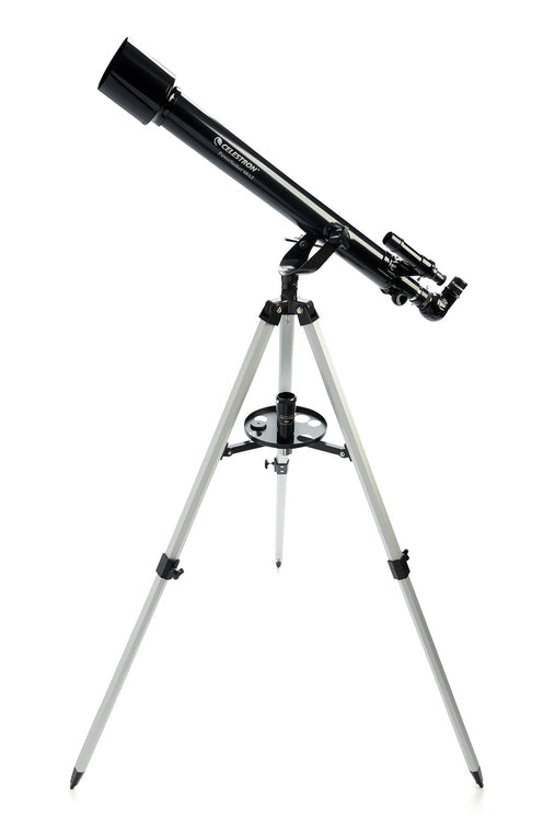 Celestron PowerSeeker 60AZ Telescope with tripod at full height - side view