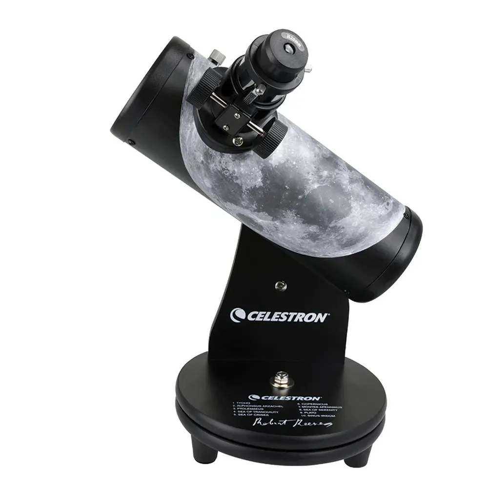 Celestron Robert Reeves Edition FirstScope Tabletop Telescope  - showing moon details on the telescope tube