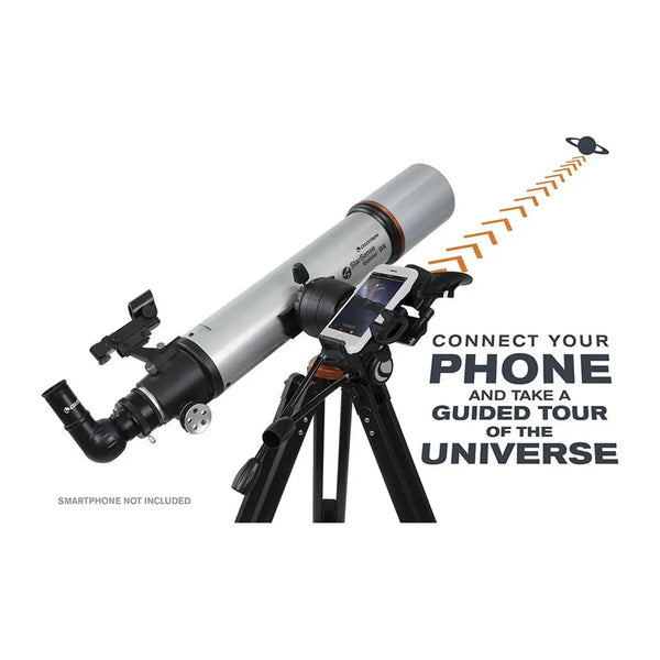 Celestron StarSense Explorer DX 102AZ - Smart phone app-enabled refractor telescope with smartphone attachment on a white background