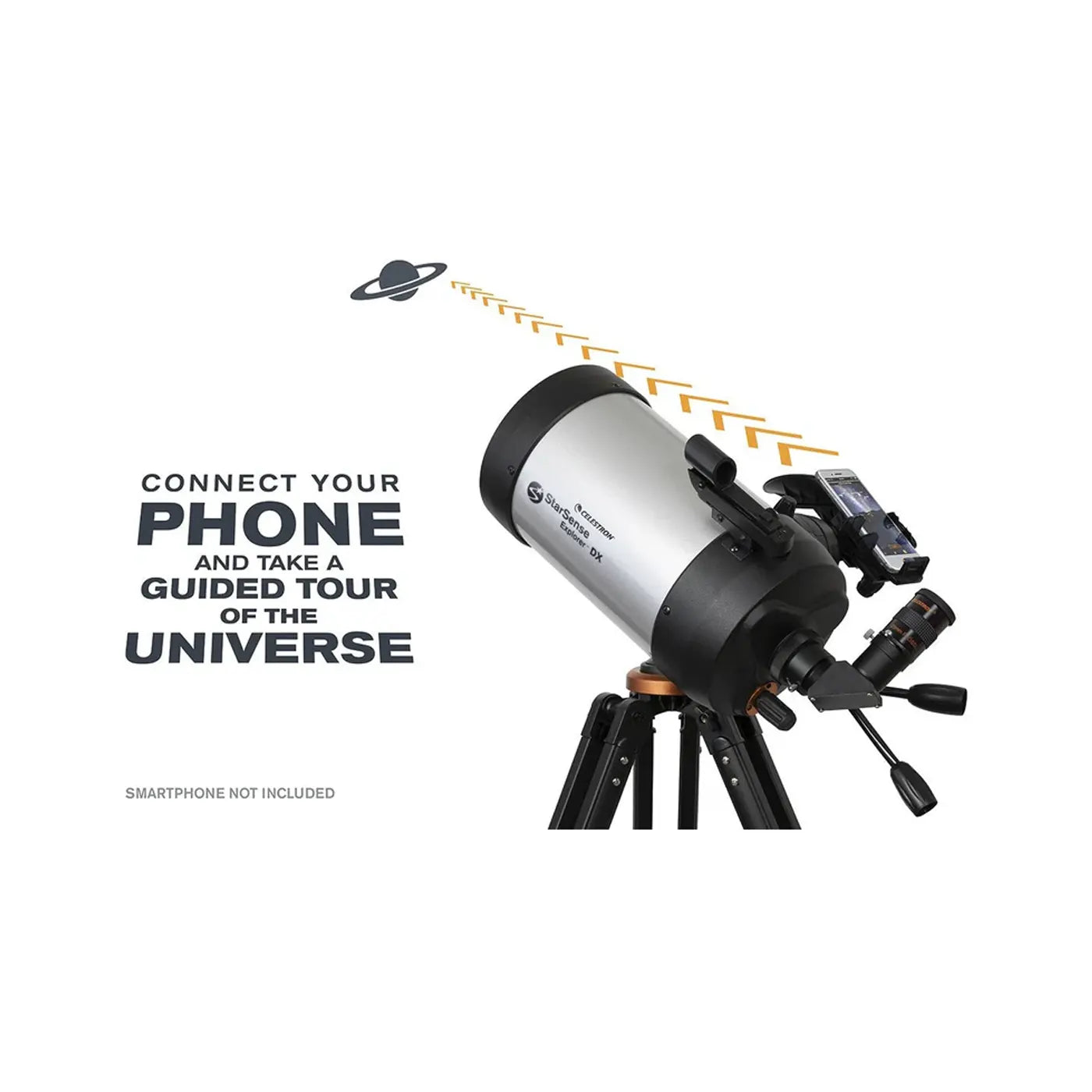 Telescope with smartphone attachment on a white background, featuring text about connecting a phone for a guided tour of the universe.