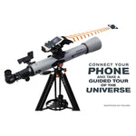 Celestron StarSense Explorer LT 70 AZ Telescope with smartphone attachment  promoting a guided tour of the universe.