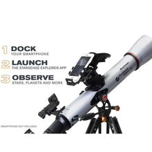 Load image into Gallery viewer, Celestron StarSense Explorer LT 70 AZ Telescope with smartphone attachment  promoting a guided tour of the universe.
