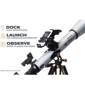 Celestron StarSense Explorer LT 70 AZ Telescope with smartphone attachment  promoting a guided tour of the universe.