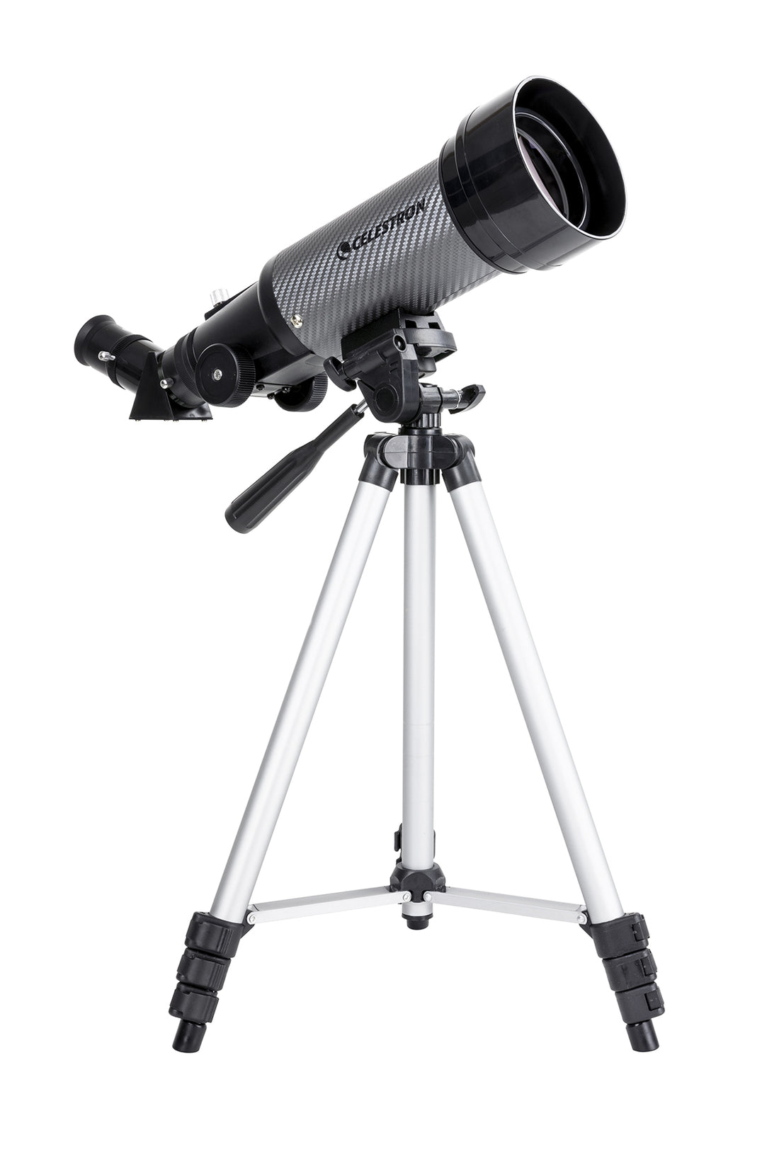Celestron Travel Scope 70 DX Portable Telescope with Smartphone Adapter facing right tripod at half height