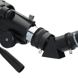 Celestron Travel Scope 70mm Portable Telescope close up of focuser, diagonal and eyepiece