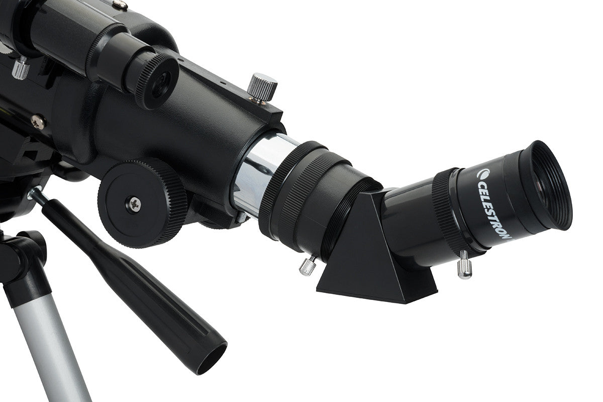 Celestron Travel Scope 70mm Portable Telescope close up of focuser, diagonal and eyepiece