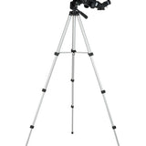 Black Celestron Travel Scope 70mm Portable Telescope side on with  silver tripod at full height