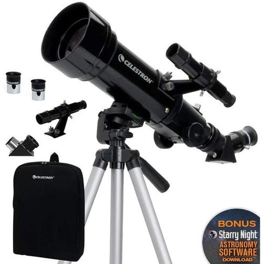Celestron Travel Scope 70mm Portable Telescope  showing the accessories (backpack , finderscope, eye pieces & diagonal) it comes with
