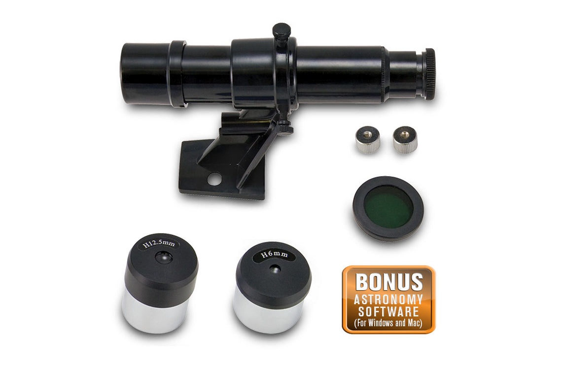 Accessory pack contents - 2x eye pieces, moon filter, finderscope, astronomy software 