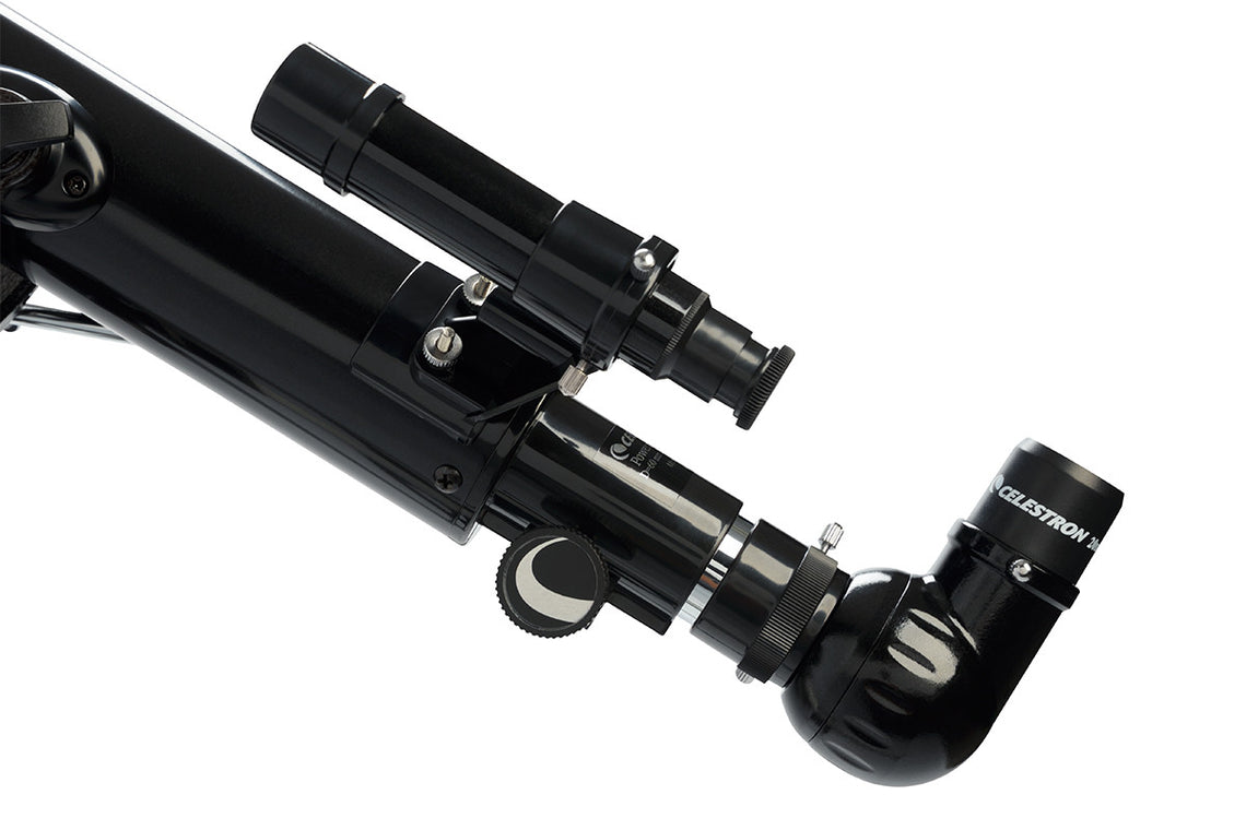 Close up detail at side view of the focuser, eyepiece and finderscope for the Celestron PowerSeeker 60AZ Telescope