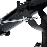 Close up details of the black metal AZ mount on the Celestron PowerSeeker 60AZ Telescope