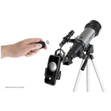 Smartphone adapter on Celestron Travel Scope 70 DX Portable Telescope with Smartphone Adapter capturing an image of the moon with blue tooth controller