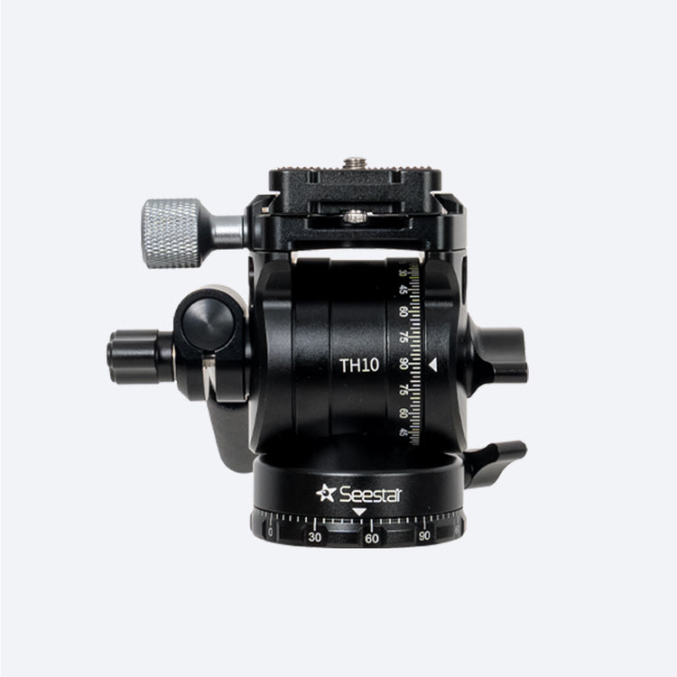 Front view of the ZWO Seestar TH10 fluid tripod head showing the quick-release plate, adjustment knobs and degree scales