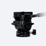 Side view of the ZWO Seestar TH10 fluid tripod head with pan handle, quick-release plate, tilt lock lever and degree scales