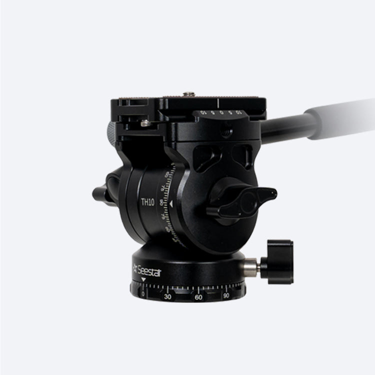 Side view of the ZWO Seestar TH10 fluid tripod head with pan handle, quick-release plate, tilt lock lever and degree scales