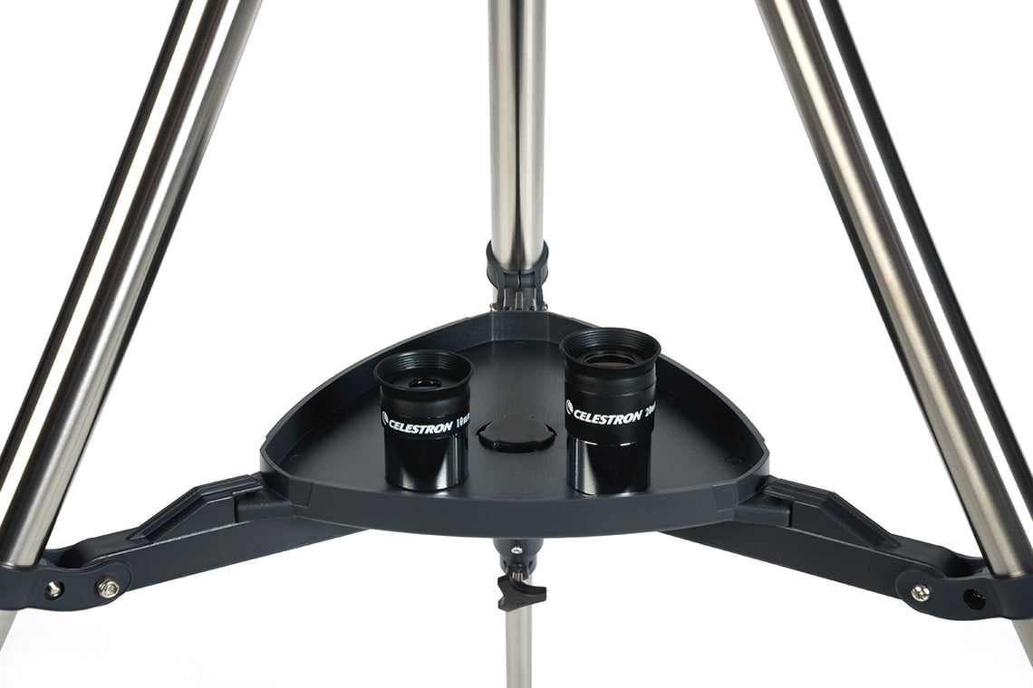 10mm & 20mm on the black tripod tray and steel tripod legs of the Celestron AstroMaster LT 70AZ Telescope