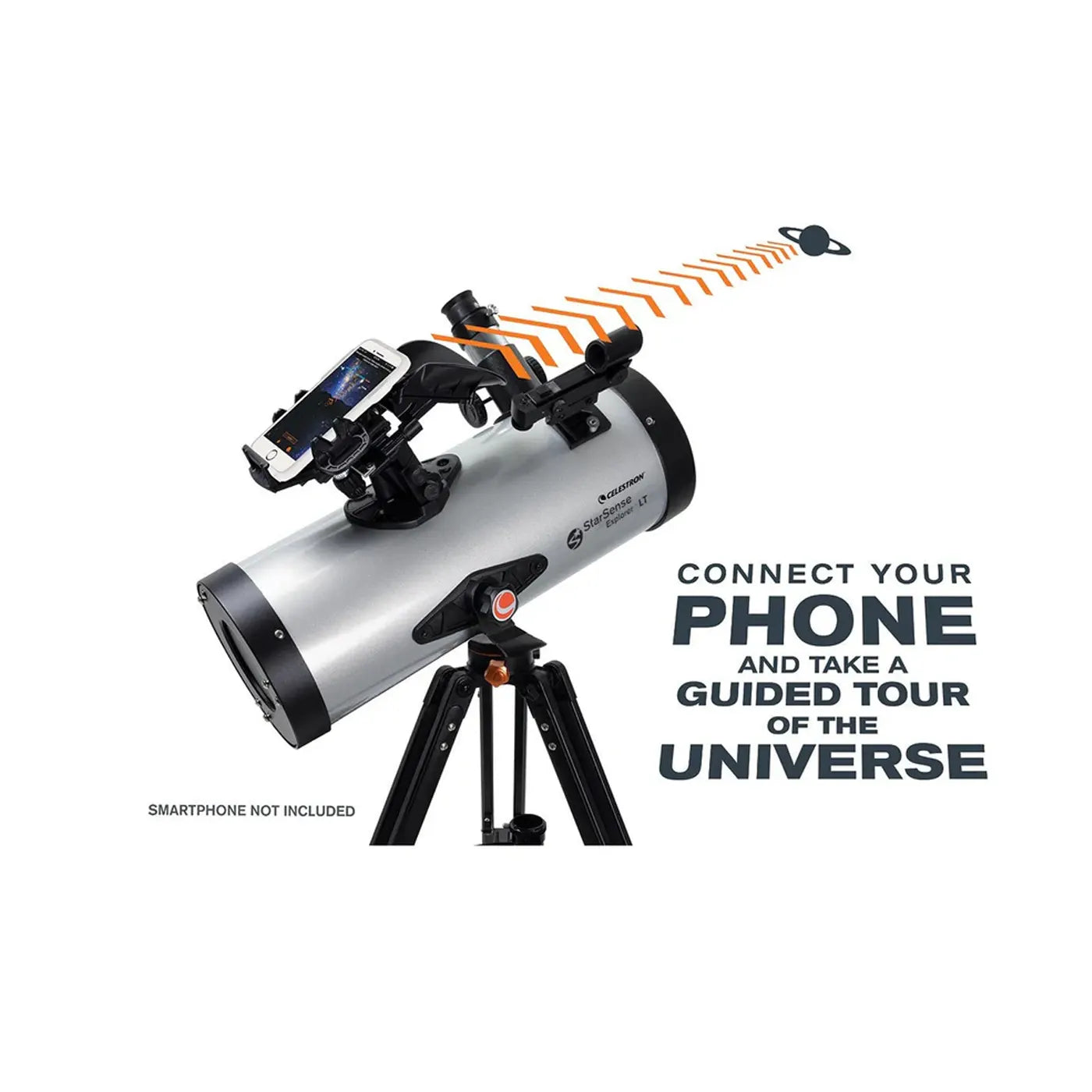 celestron-starsense-explorer-lt-127az-reflector-telescope with smartphone mount on a white background, featuring text about connecting a phone for a guided tour of the universe.