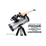 celestron-starsense-explorer-lt-127az-reflector-telescope with smartphone mount on a white background, featuring text about connecting a phone for a guided tour of the universe.
