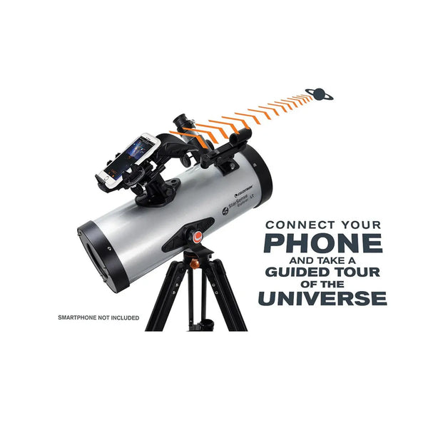 celestron-starsense-explorer-lt-127az-reflector-telescope with smartphone mount on a white background, featuring text about connecting a phone for a guided tour of the universe.