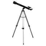 Black saxon 607 telescope with silver tripod at full height on a white background