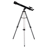 Black saxon 607 telescope with silver tripod at full height on a white background