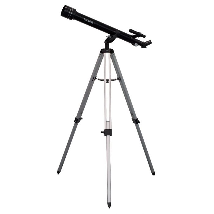 Black saxon 607 telescope with silver tripod at full height on a white background
