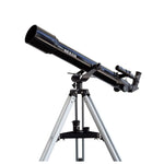 Saxon 707 AZ2 Refractor Telescope side view also shoing metal mounts and  silver tripod