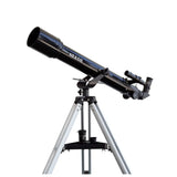Saxon 707 AZ2 Refractor Telescope side view also shoing metal mounts and  silver tripod