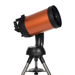 Orange Celestron Nexstar 8SE Computerised Telescope facing right showing mount and steel tripod legs