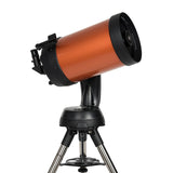 Orange Celestron Nexstar 8SE Computerised Telescope facing right showing mount and steel tripod legs