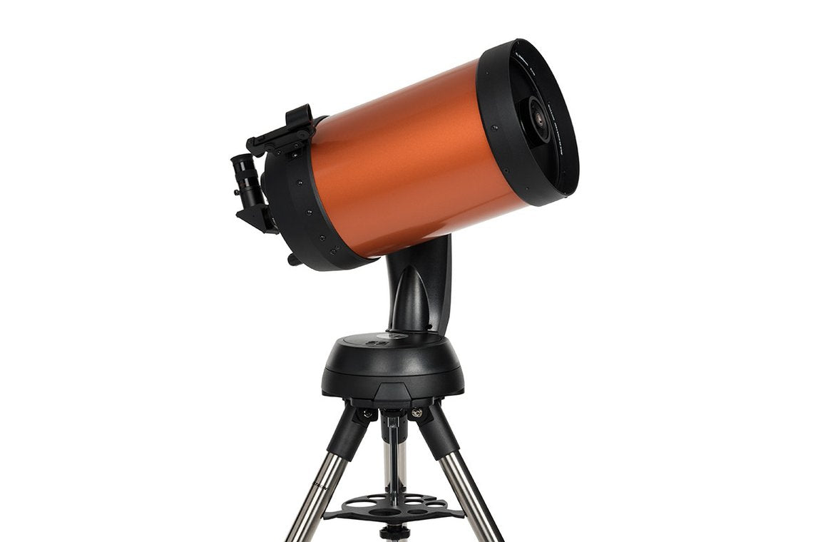 Orange Celestron Nexstar 8SE Computerised Telescope facing right showing mount and steel tripod legs