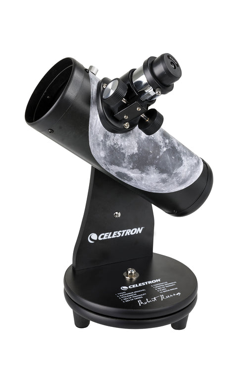 Celestron Robert Reeves Edition FirstScope Tabletop Telescope, with a black mount and tube, featuring a moonscape design near the base.