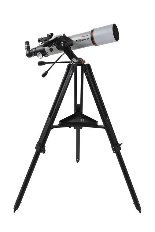 Black full height tripod on orange and black DX mount with the Celestron StarSense Explorer DX 102AZ - Smart phone app-enabled refractor telescope