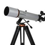 left side view of the silver Celestron StarSense Explorer DX 102AZ - Smart phone app-enabled refractor telescope on DX mount