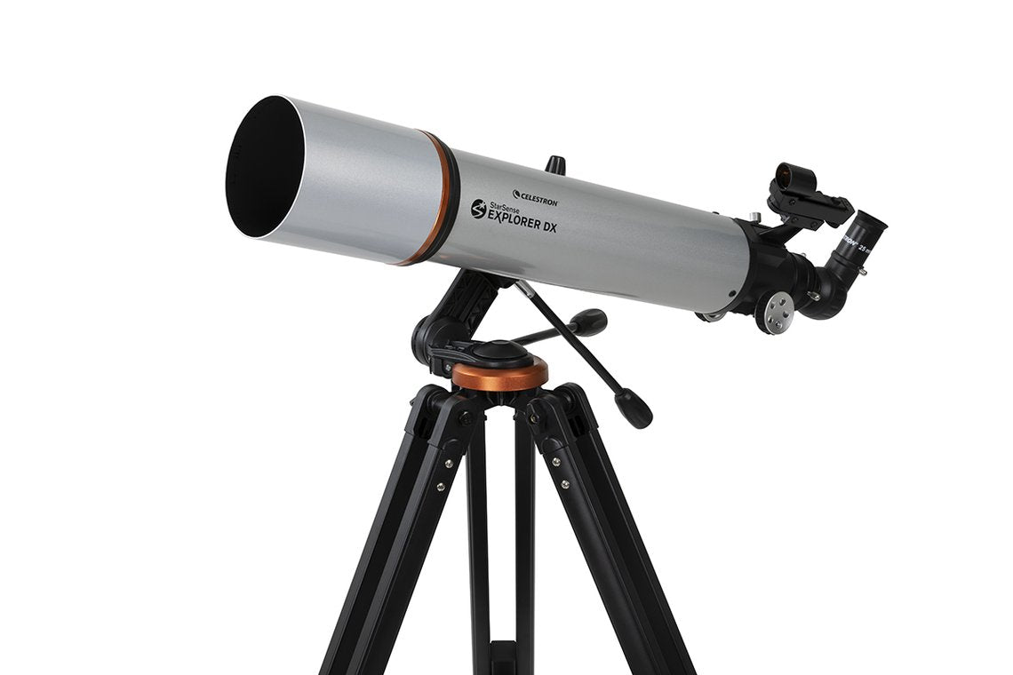 left side view of the silver Celestron StarSense Explorer DX 102AZ - Smart phone app-enabled refractor telescope on DX mount