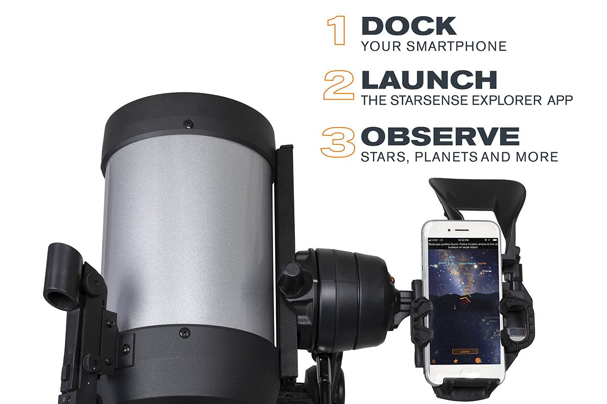 Celestron StarSense Explorer DX 5" Schmidt Cassegrain Telescope and docking station with smart phone guiding in operation