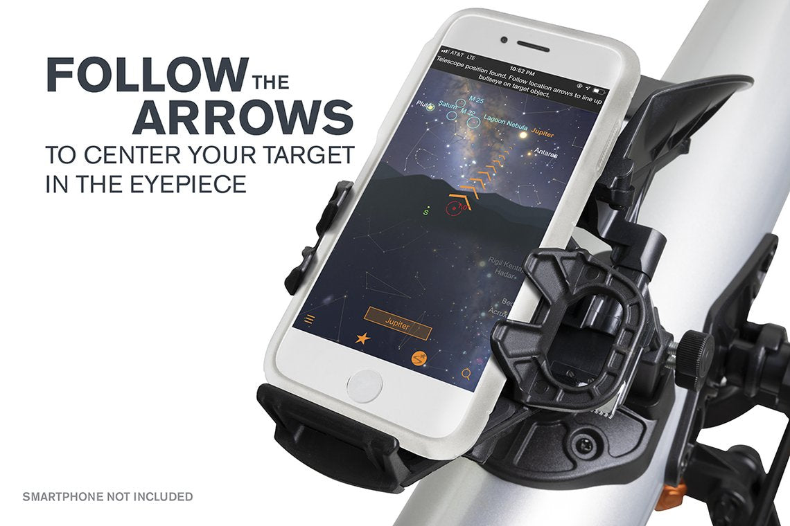 Close up of a smartphone in the doking ststion of the Celestron StarSense Explorer LT 80AZ - Smartphone app-enabled refractor telescope