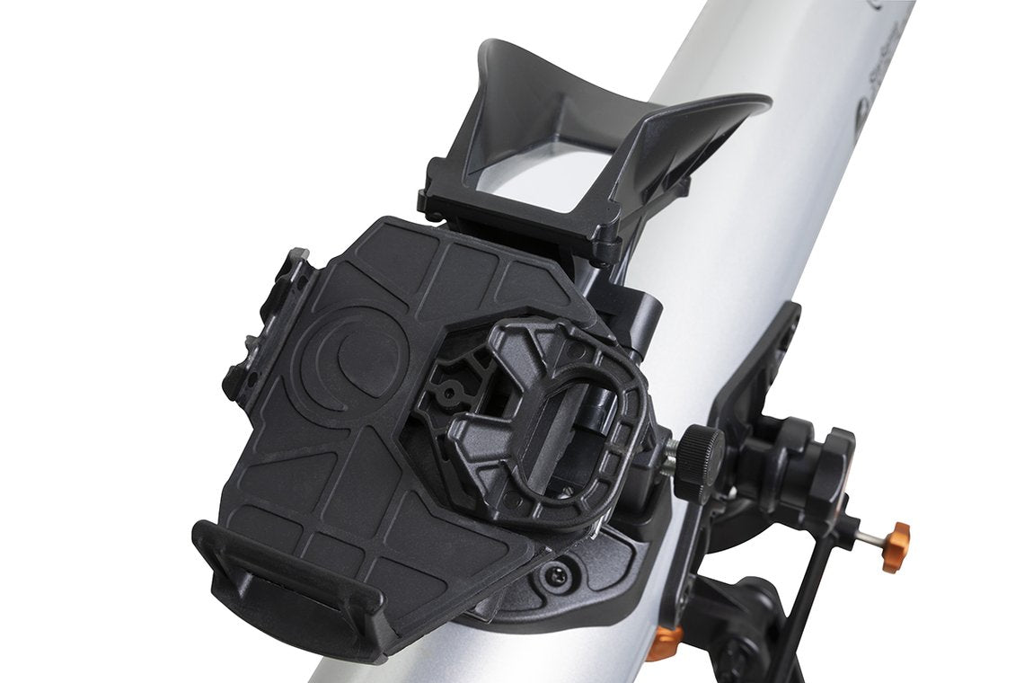 Black docking station on the silver Celestron StarSense Explorer LT 80AZ - Smartphone app-enabled refractor telescope
