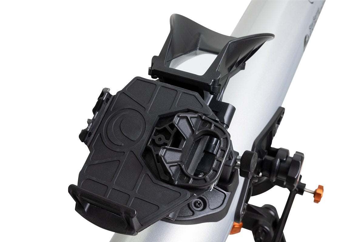 Black docking station for the silver Celestron StarSense Explorer LT 70AZ - Smartphone app-enabled refractor telescope