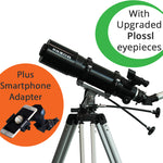 Saxon 1025 AZ3 Pioneer Refractor Telescope mounted on an aluminum tripod with a smartphone adapter attached, displayed against a white background.